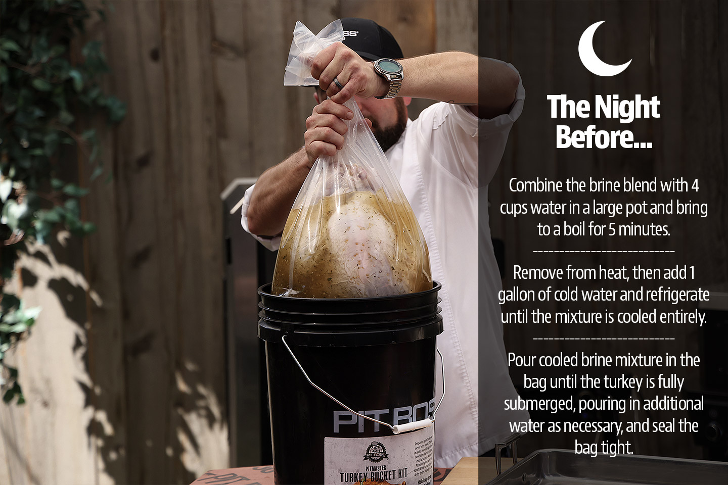 pit boss turkey bucket kit brine step - man adding turkey in brine into bucket to prepare for smoked holiday meal