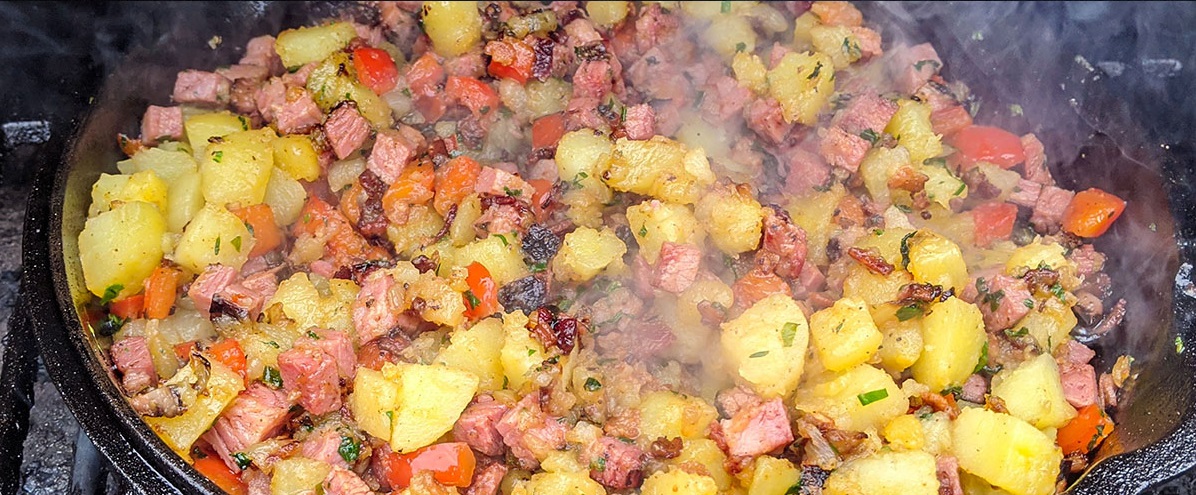 Steaming hash in cast iron pan