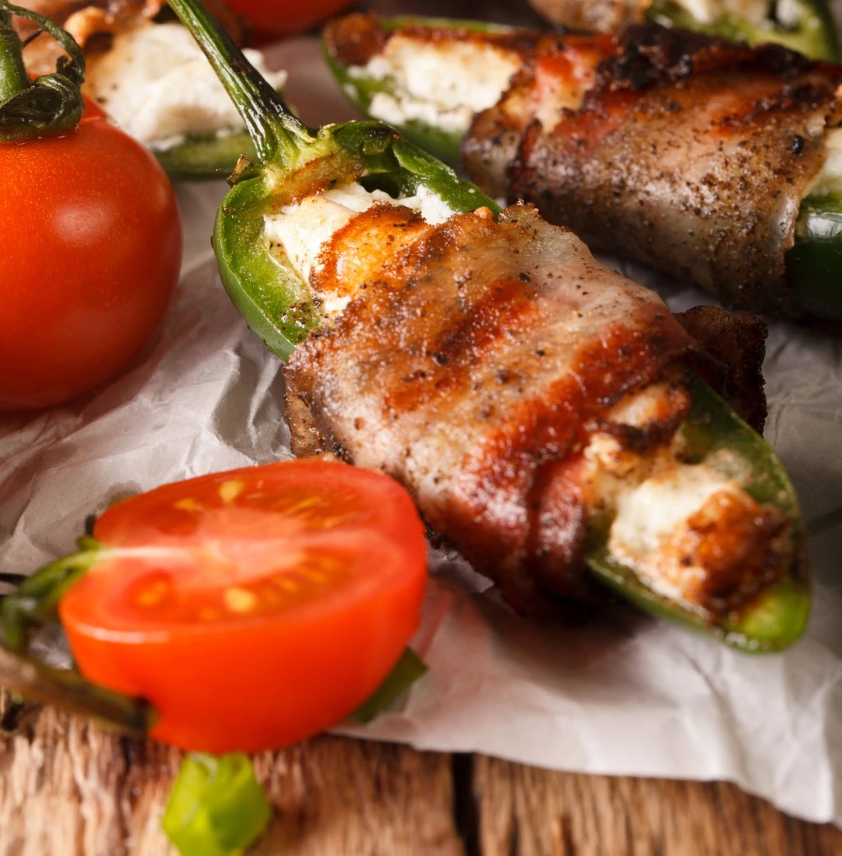 close up of tasty looking Bacon Wrapped stuffed jalapenos next to tomatoes