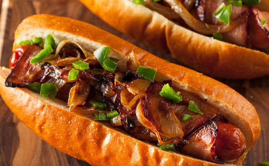 close up of tasty looking Bacon Wrapped Hot dog