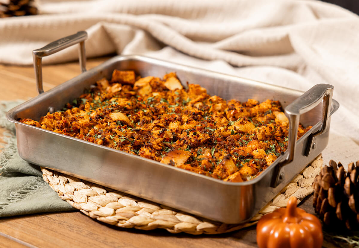 smoked chorizo stuffing cooked on a pit boss wood pellet grill for thanksgiving meal