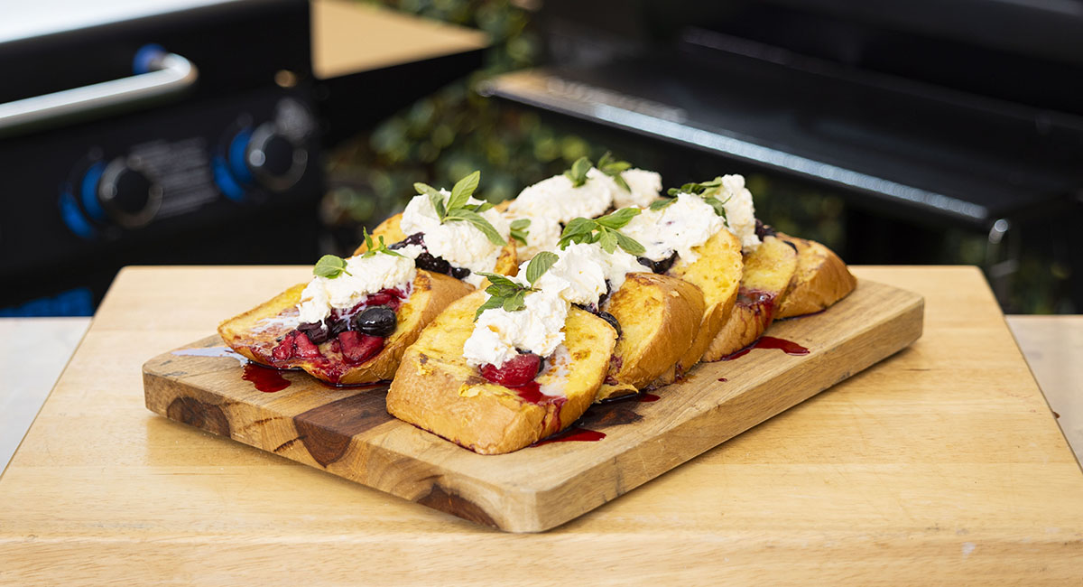 griddle french toast on the gas flat top with fruit for breakfast