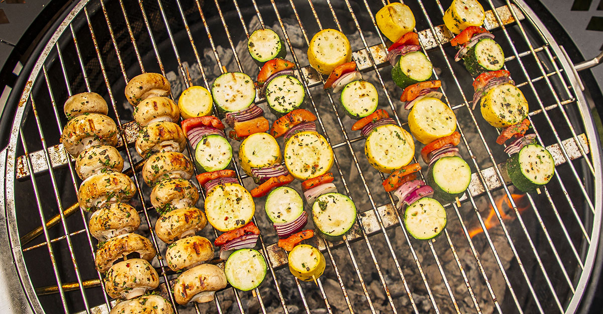 fire roasted grilled veggie skewers cooked on a pit boss cowboy fire pit