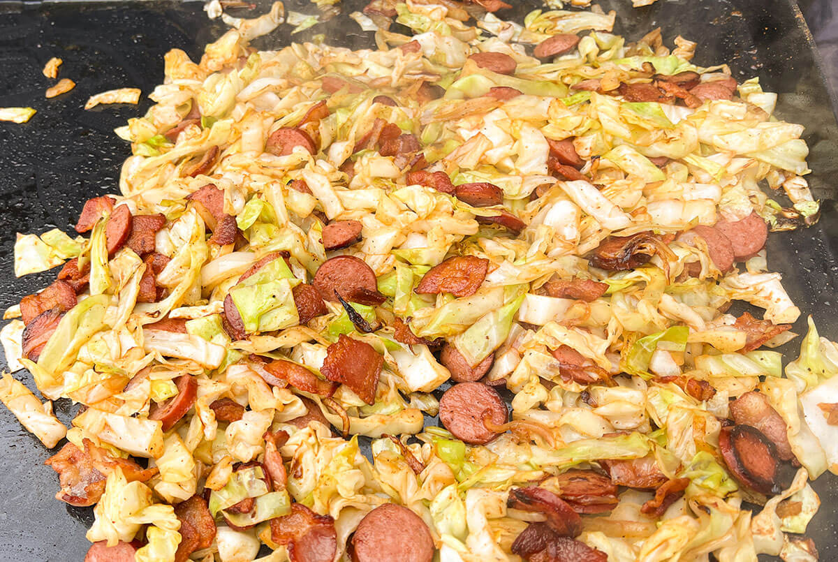 gas flat top griddle fired cabbage with bacon and onions for st. patricks day