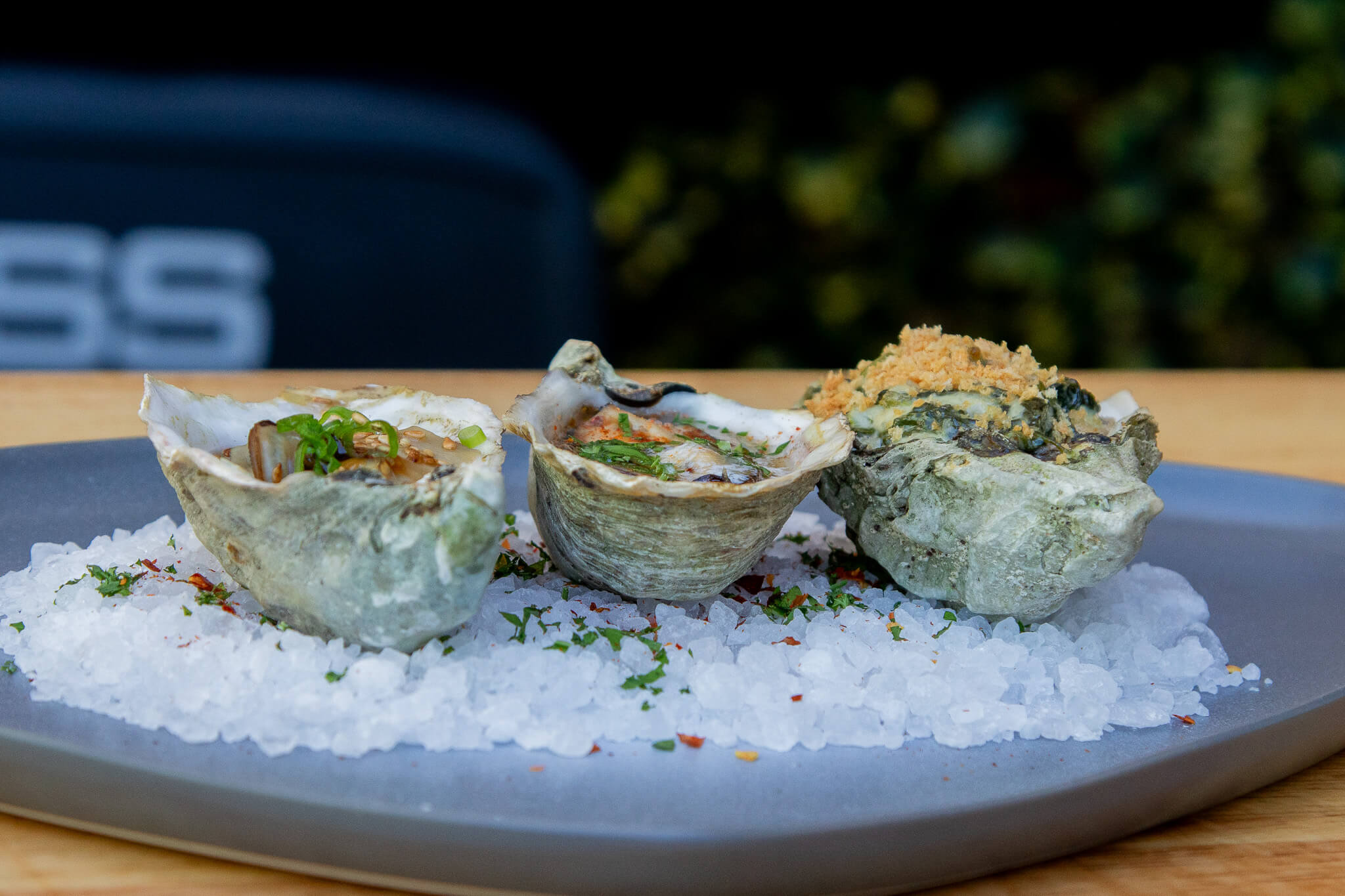 3 grilled oysters on bed of sea salt in front of pit boss wood pellet grill