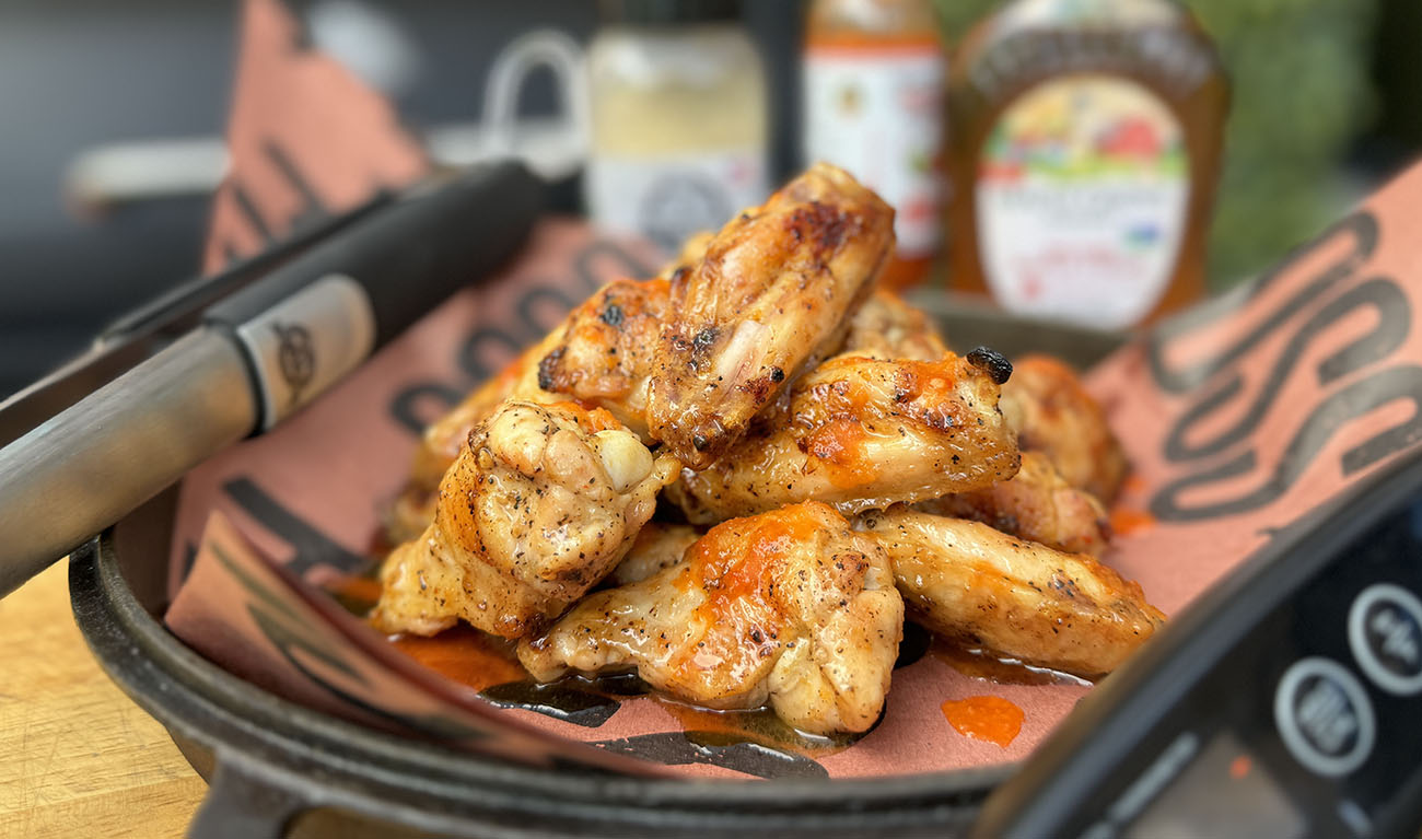 grilled maple habanero chicken wings cooked on a pit boss wood pellet grill