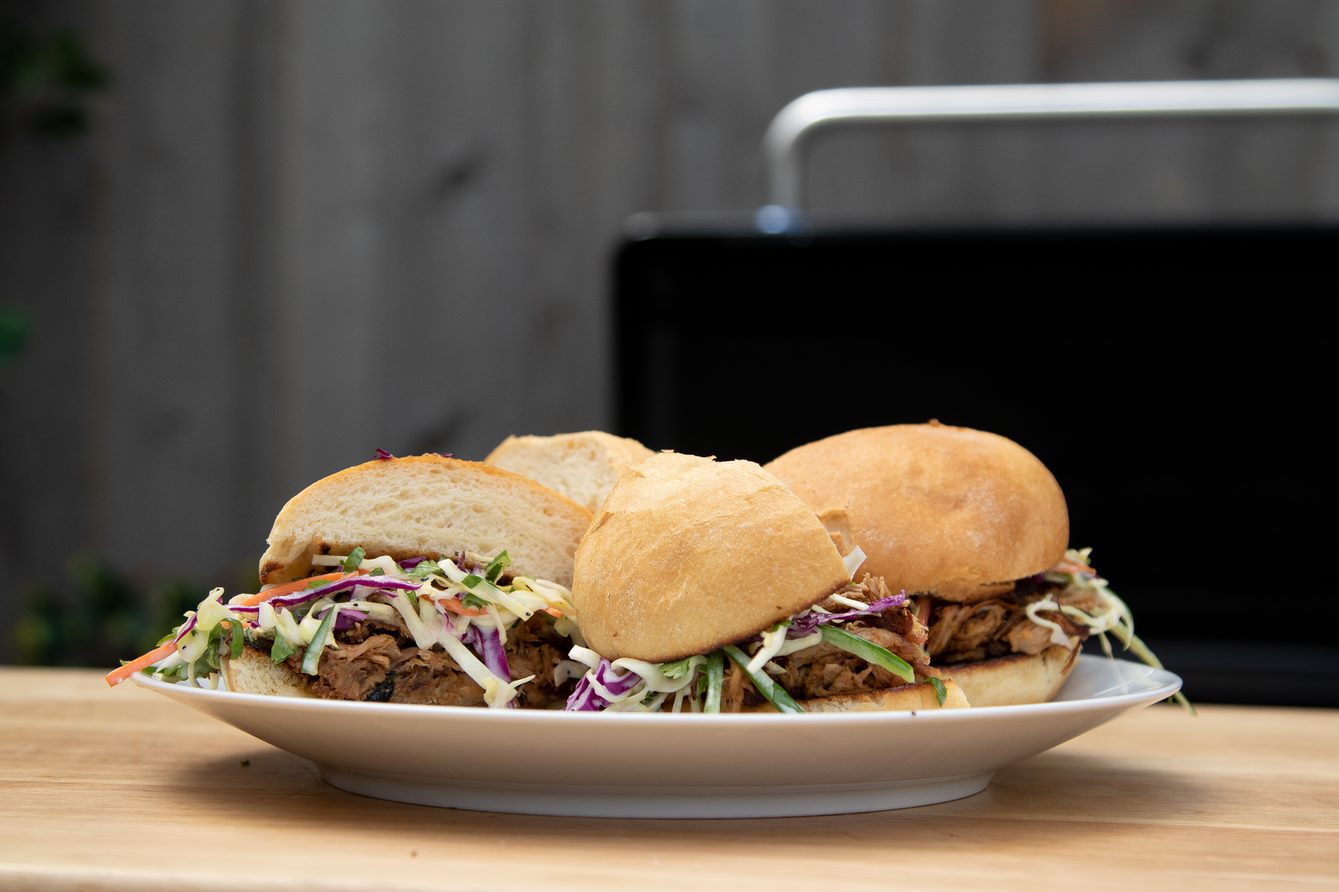delicious pulled pork sandwiches with coleslaw cooked on pit boss tabletop griddle