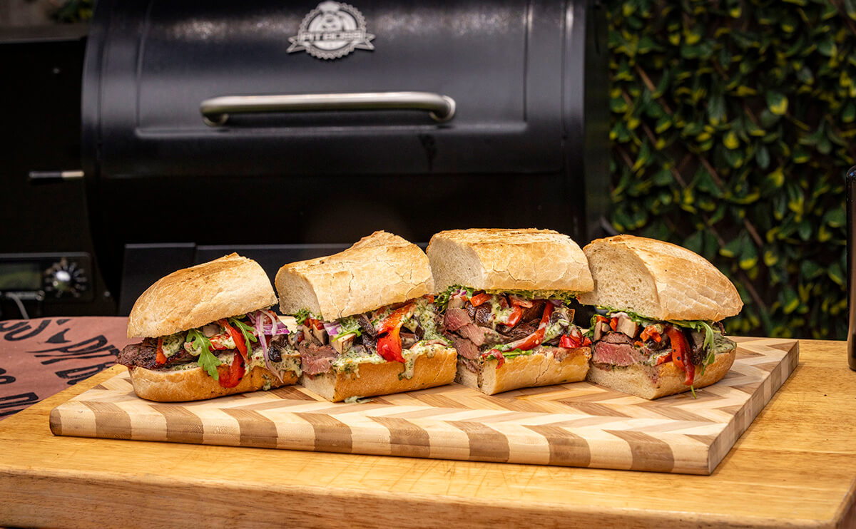 teres major steak sub with chimichurri aioli and sauce, grilled on a pit boss wood pellet grill for summer lunch or dinner recipe