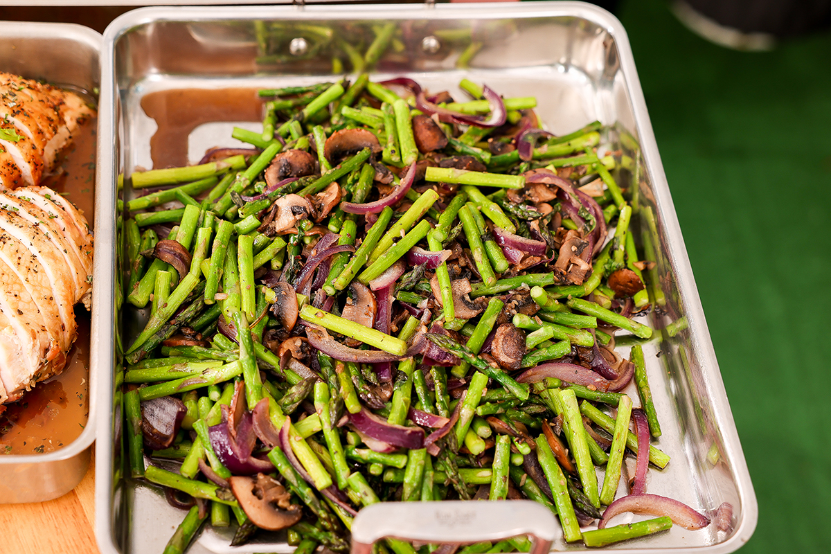 griddled asparagus and wild mushrooms cooked on a pit boss gas flat top griddle holiday recipe